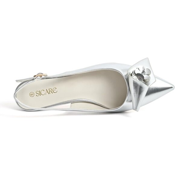 Sicare Slingback Heel Pumps Synthetic Silver Women Flower Block Heel Dress Shoes - Picture 6 of 12